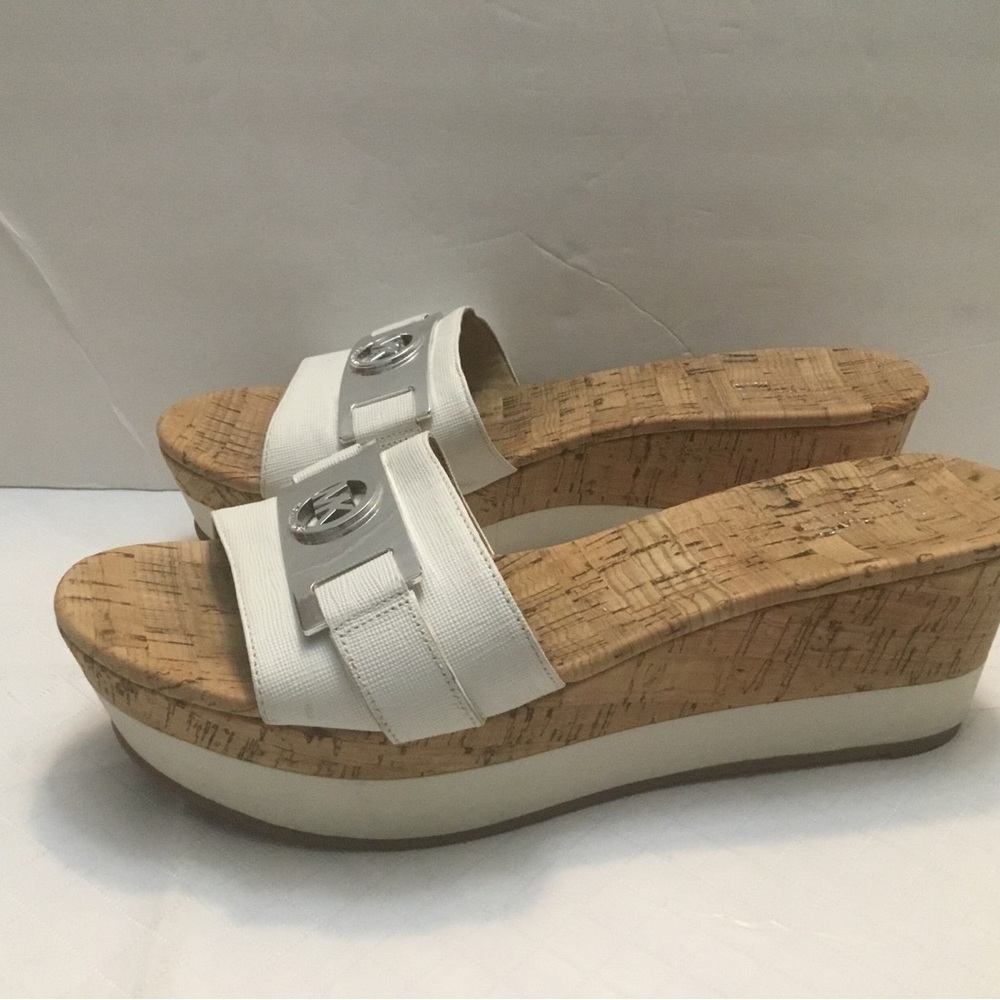 Michael Kors White Slide Wedge Sandals with Silver Logo - Picture 2 of 16